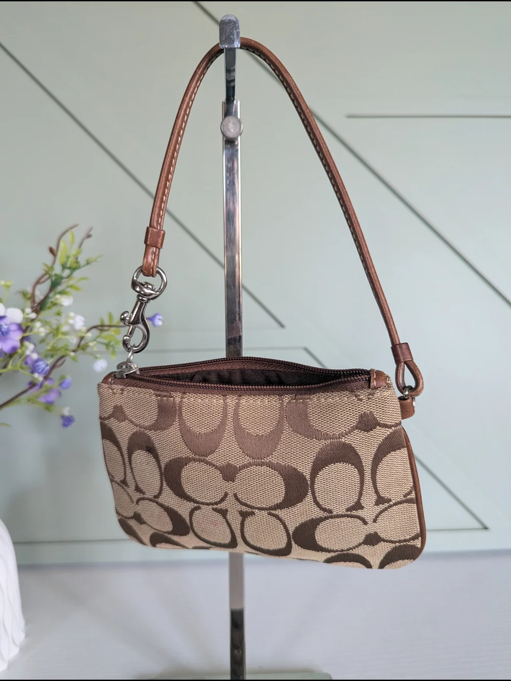Coach Signature Canvas Wristlet in Brown and Tan